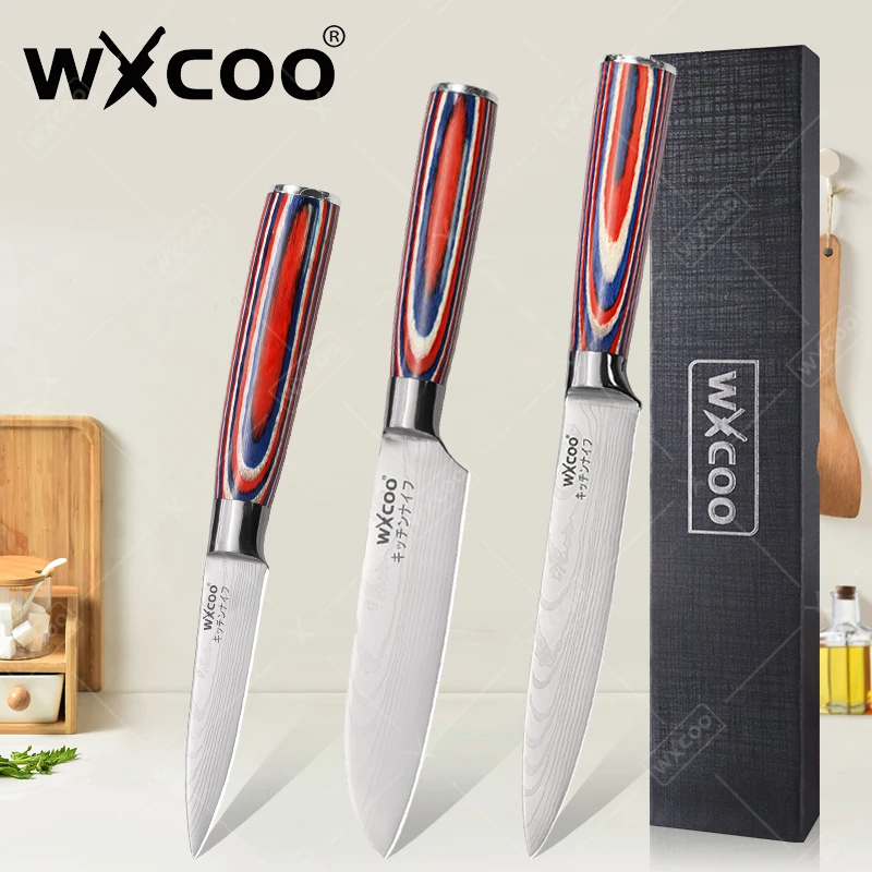 WXCOO Professionelle Küchenmesser Damaskus Laser Obst Santoku Allzweckmesser Ausbeinen Fleisch Slicer Gemüsemesser mit Geschenkbox