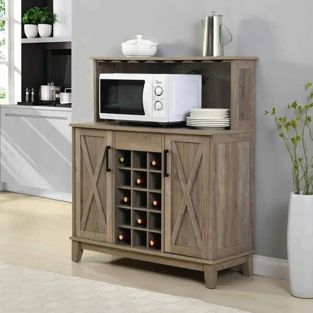 Bar Cabinet With Wine Rack And Glass Doors (Grey Wash- Solid)|