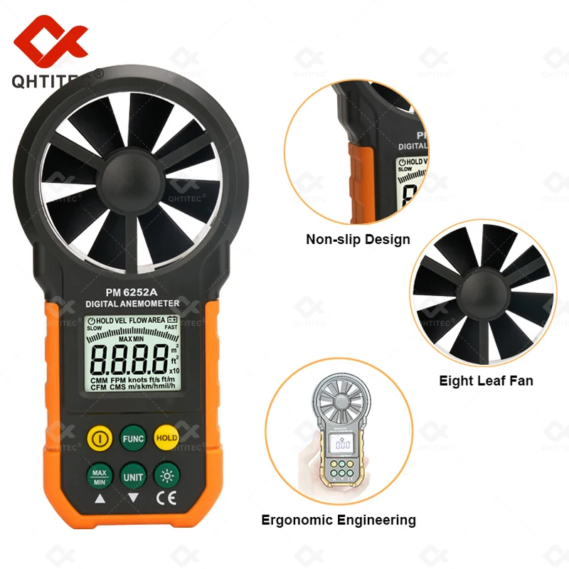 QHTITEC Digital Anemometer Portable Handheld CFM Wind Speed Tester Air Flow Thermometer LCD Backlight Display PM6252A