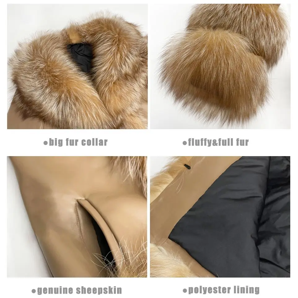 MISSJANEFUR Real Leather Jacket with Fox Fur Collar Trim for Women 2022 New Luxury Wholesale Long Fluffy Full Fur Sheepskin Coat