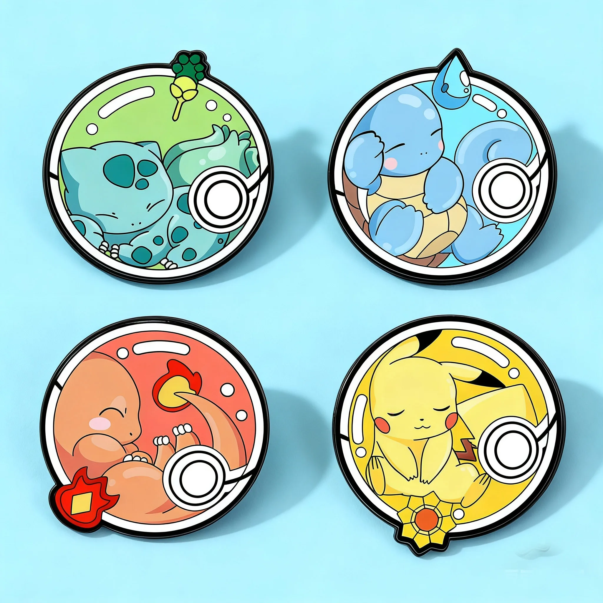 4 Stück/Set Niedliche Anime Pokemon Pikachu Emaille-Pins Schlafender Bulbasaur Squirtle Charmander Abzeichen Broschen Taschenaccessoires für Fans Schmuck