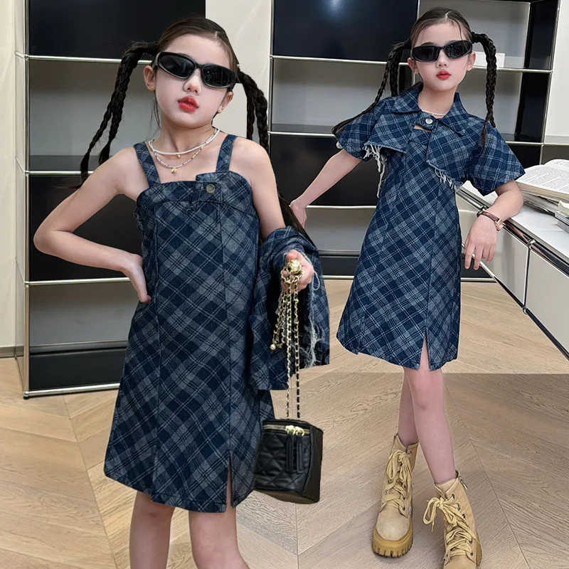 Girls Suits Dress Set Summer 2024 New Women Senior Sense Summer Dress Children Foreign Style Casual Slip Two-piece Set Clothes