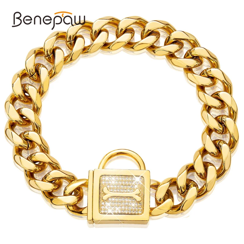 Benepaw Gold Dog Chain Collar Zirconia Buckle 19mm Gold Cuban Link Puppy Collar Bling Pet Necklace For Small Medium Large Dogs