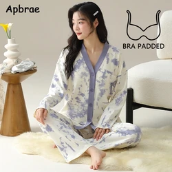 New Autumn Sweet Girl Kimono Pajamas with Bra Pads Long Sleeves Full Pants Pyjamas Cardigan Cotton Pajama Sets Woman Nightwear