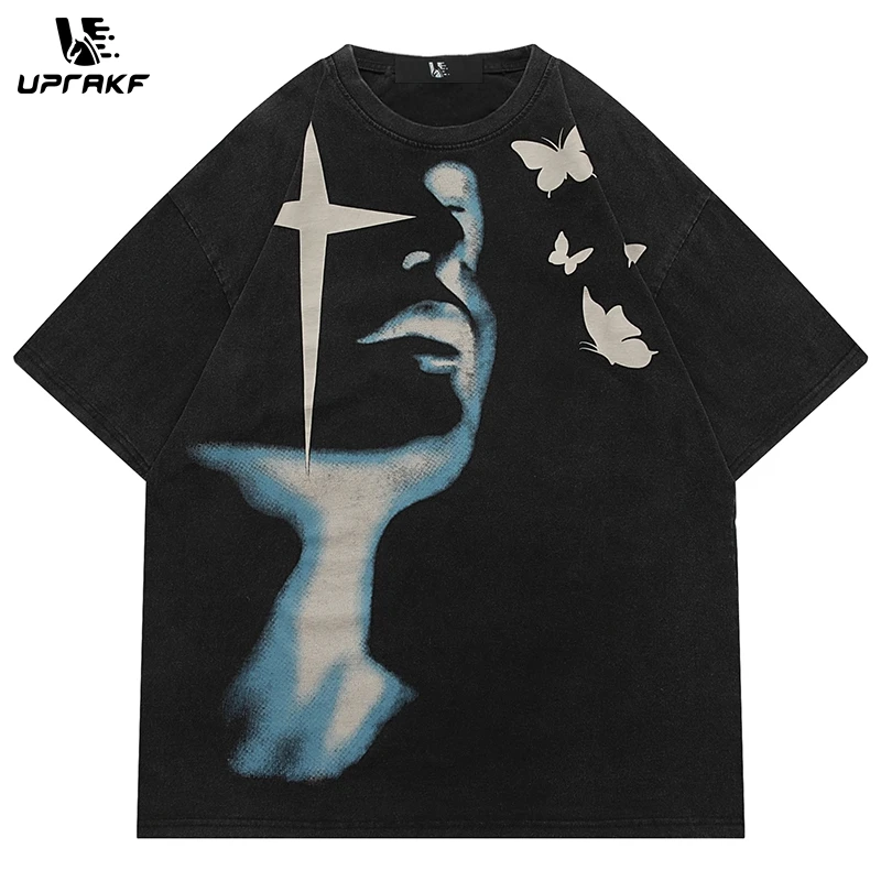 UPRAKF Butterfly Shadow Graphic Print Washed T Shirt Men Harajuku Gothic Fashion Tops Oversize Vintage Casual Oversize Tees