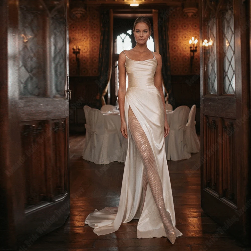 ชุดแต่งงานผู้หญิงผ่าสูงหรูหราคอหวานนางเงือกชุดเจ้าสาวเจ้าหญิงยาวลากพื้นชุดจัดเลี้ยงที่กำหนดเอง