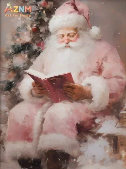 1PC Pink Santa Claus and Reindeer Canvas Print Skates Gingerbread Hut Christmas Wall Art Poster for Modern Living Room Decor view 5