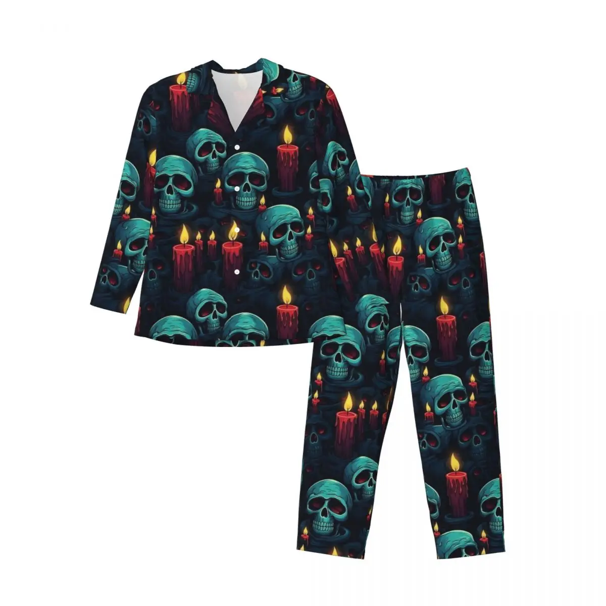 Halloween crânio e velas pijamas conjunto bonito macio pijamas unisex manga longa casual quarto 2 peças pijamas tamanho grande xl 2xl