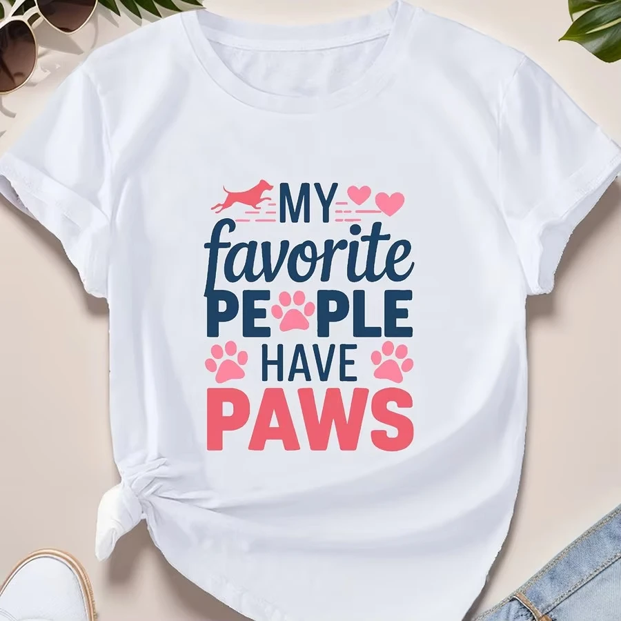 My Favorite People Have Paws T Shirt Women Cute Dog Cat Paw Print Graphic Tees Pink Heart Patterned  Crew Neck Short Sleeve Top