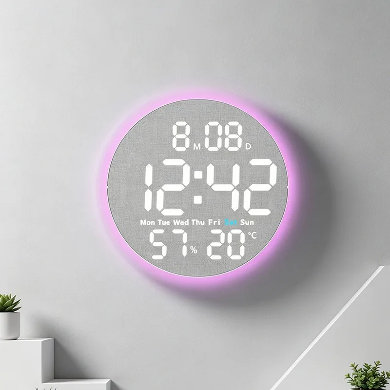 10 Zoll Digitale Wanduhr mit Fernbedienung, 9 Farben Stimmungslicht, Datum, Temperatur, Luftfeuchtigkeit, Timer, automatische Dimmung, LED-Wecker für Fitnessstudio und Yoga – Detail 2
