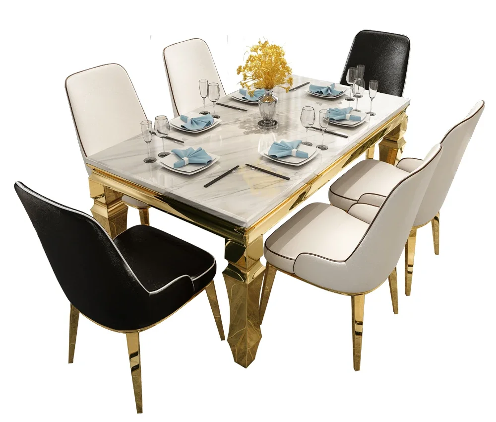 

Light luxury dining table marble, postmodern simple small apartment living room rectangular stainless steel table and chair com