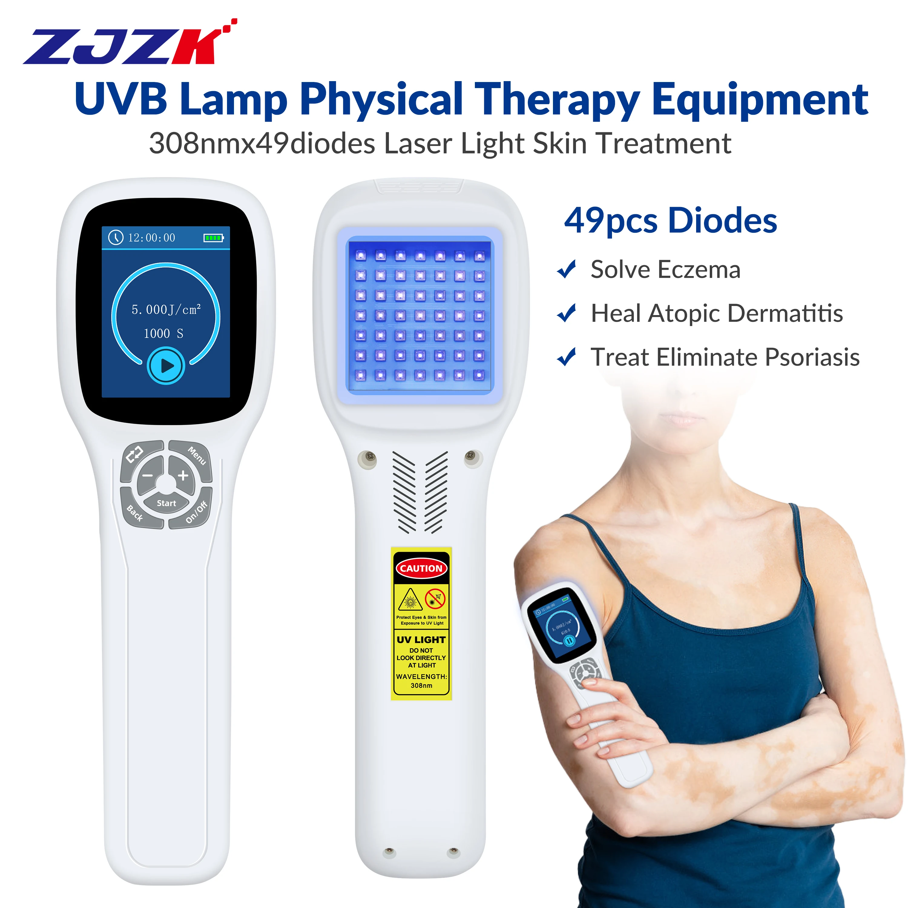 ZJZK Hand‑Held 49 Diodes 308nm UVB Phototherapy Lamp for Vitiligo Psoriasis Eczema Skin Conditions Light Therapy Device