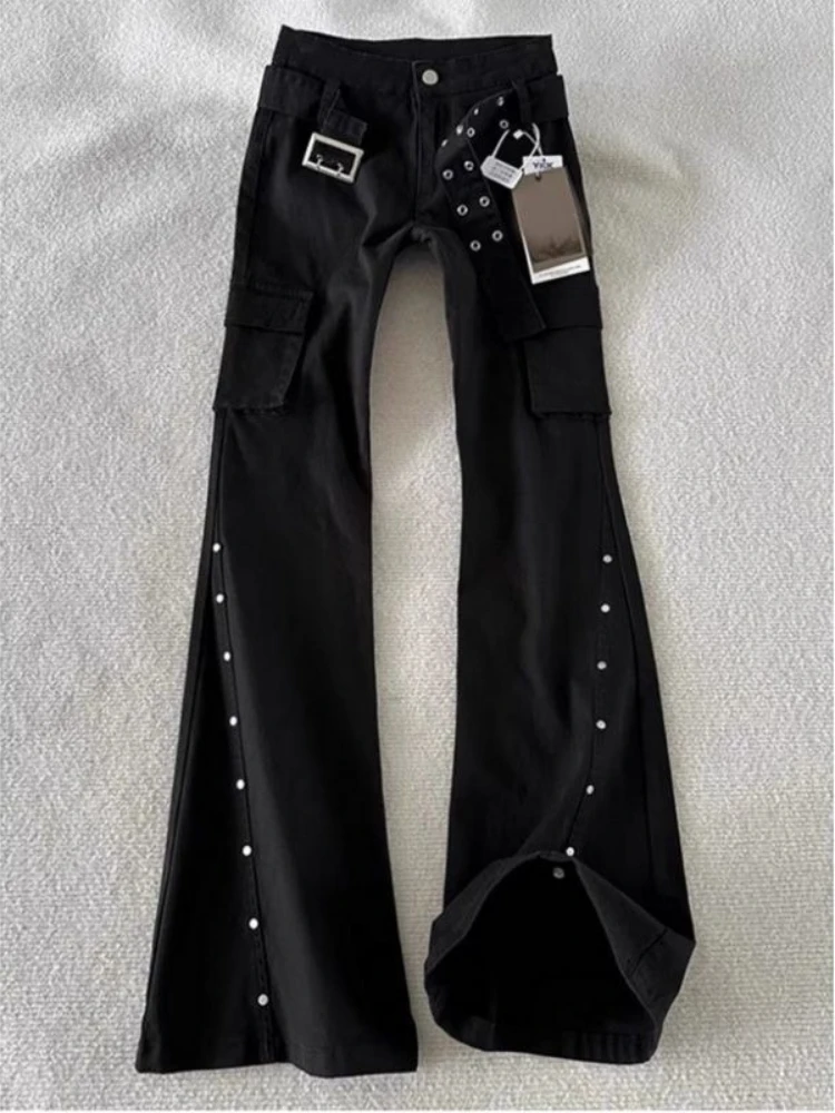 American Vintage Flare Jeans High Street Female Slim Sashes Patchwork Pantalones Mujer Y2k Aesthetics Punk Gothic Women Clothing