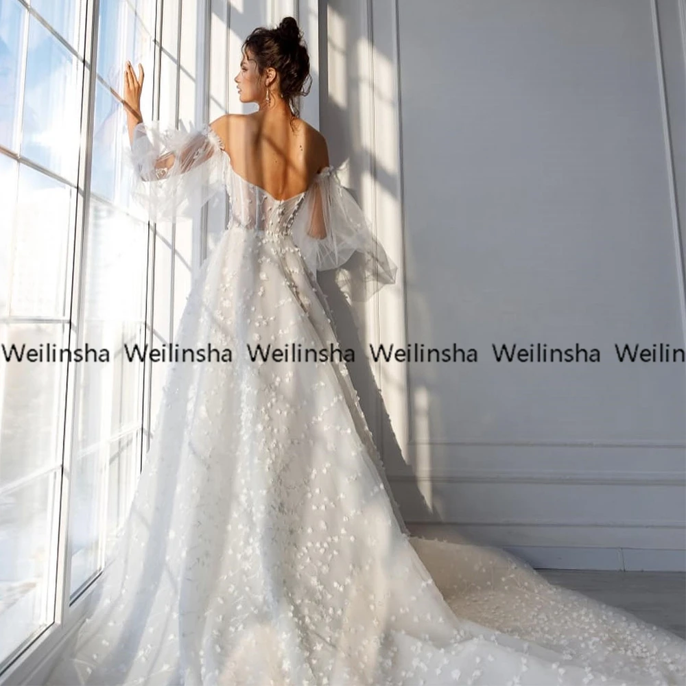 Angepasst Weilinsha V-ausschnitt Weiß 3D Blume Brautkleider Sommer Weg Von Der Schulter Tüll Brautkleider Zipper Zurück Vestidos De F