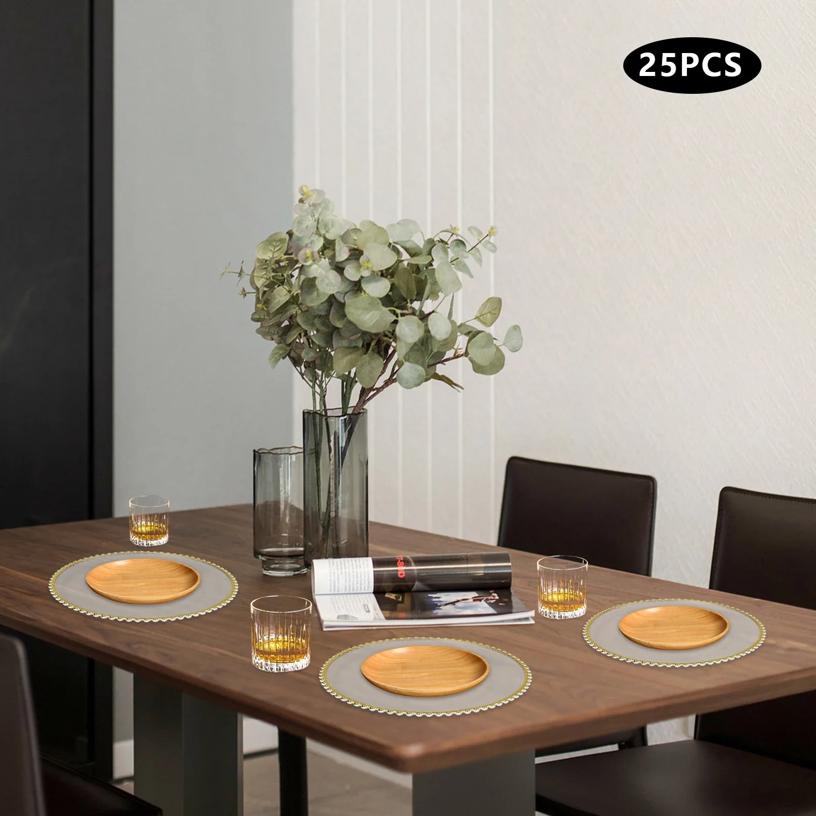 

25 PCS Gold and Clear Charger Plates with Beaded Rim, Gold Plastic Round Dinner Plate Chargers, Dinner Table Decorative Plates