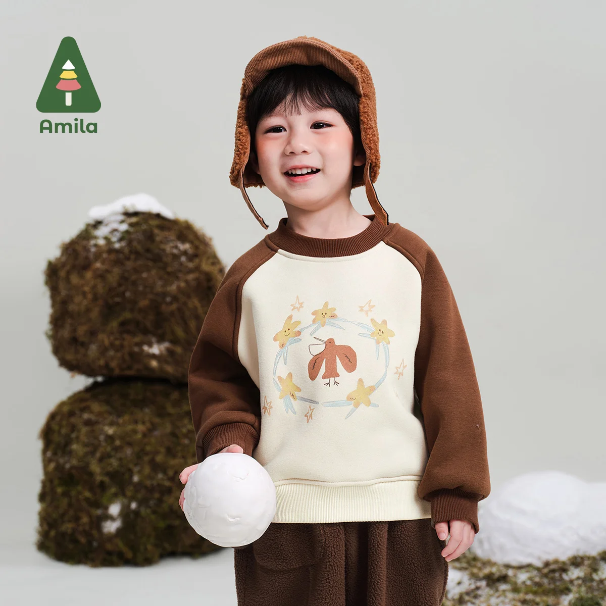 Amila Baby Sweatshirt 2024 Winter New Style Boys And Girls Contrasting Color Plus Velvet Warm Soft Cartoon Children\'s Pullover