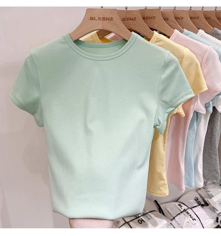 Zjaiss 2026 Sommer Neues Design Slim Fit Basic Top Trendiges Damen Baumwoll-Kurzarm-T-Shirt Einfarbig Vielseitiges O-Neck Tee – Detail 32