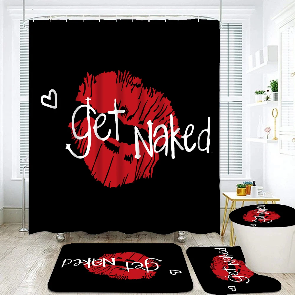 Get Naked Pattern Bathroom Curtain Set Sexy Red lips Print Shower Curtains Bath Mats Pedestal Rugs Toilet Cover Non-slip Carpet