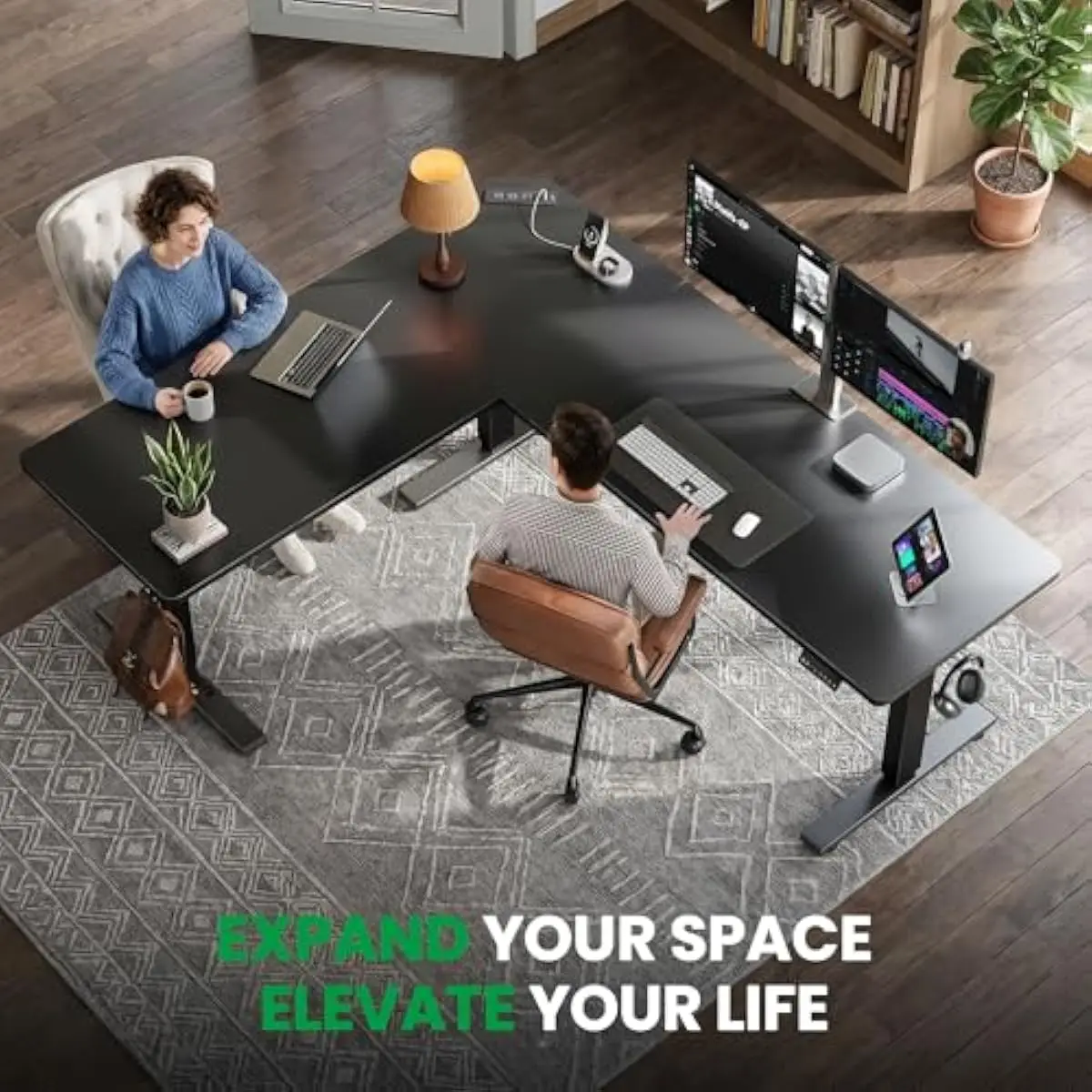 Ergonomic L shaped height adjustable workstation featuring integrated power hub and spacious dual surface layout for modern home