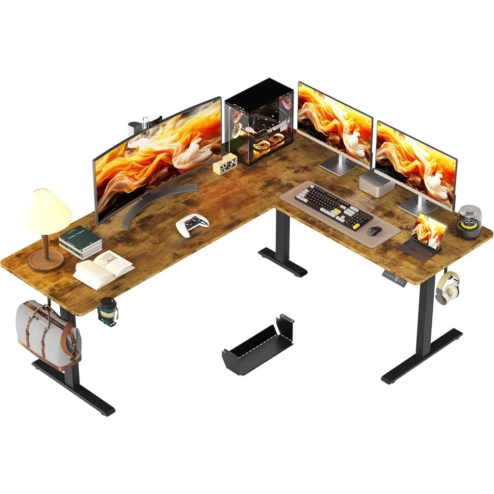 

Height Adjustable Reversible L-Shaped Desk with Cup Holder, Electric Corner Computer Workstation for Home Use, 75x61 Inches