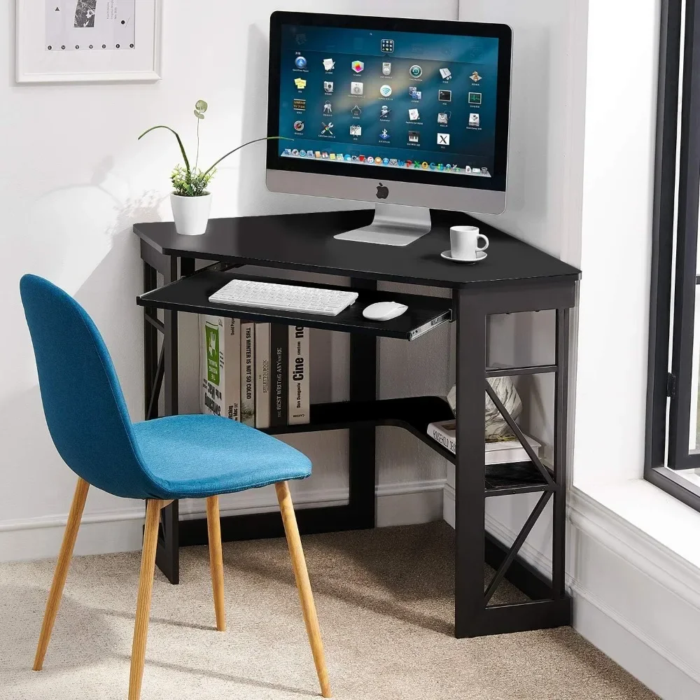 Corner Computer Desk 41 x 30 inches with Smooth Keyboard & Storage Shelves for Home Office Workstation, Black