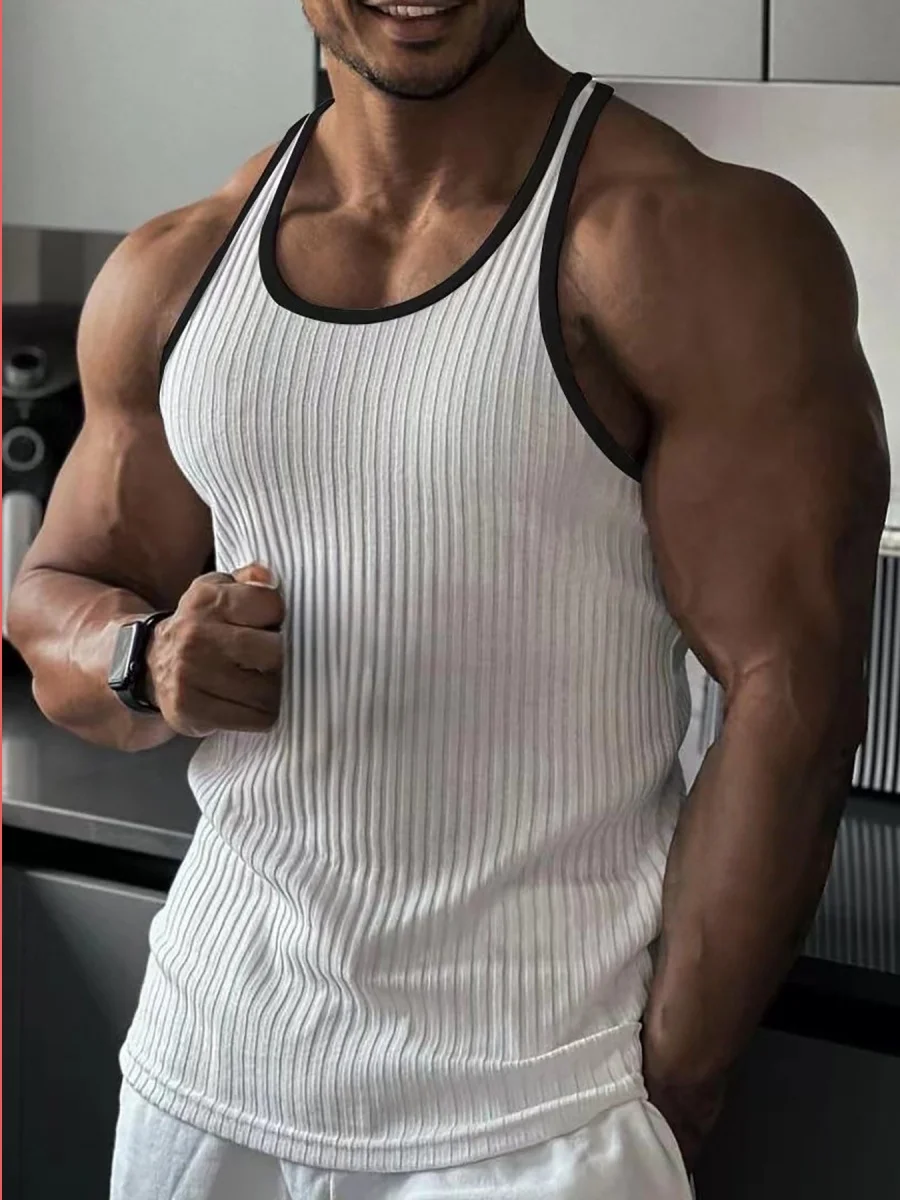 PARIS New Fitness Sports Tank Top Men's Sleeveless Summer Knitted Vertical Striped Casual Slimming 2026 Men's Sports Tank Top