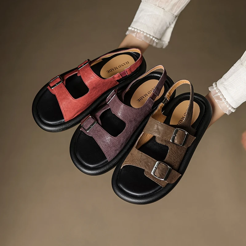 

Women's new summer genuine leather horse leather low heel loose grip thick sole exposed toe retro Roman shoes fashion sandals