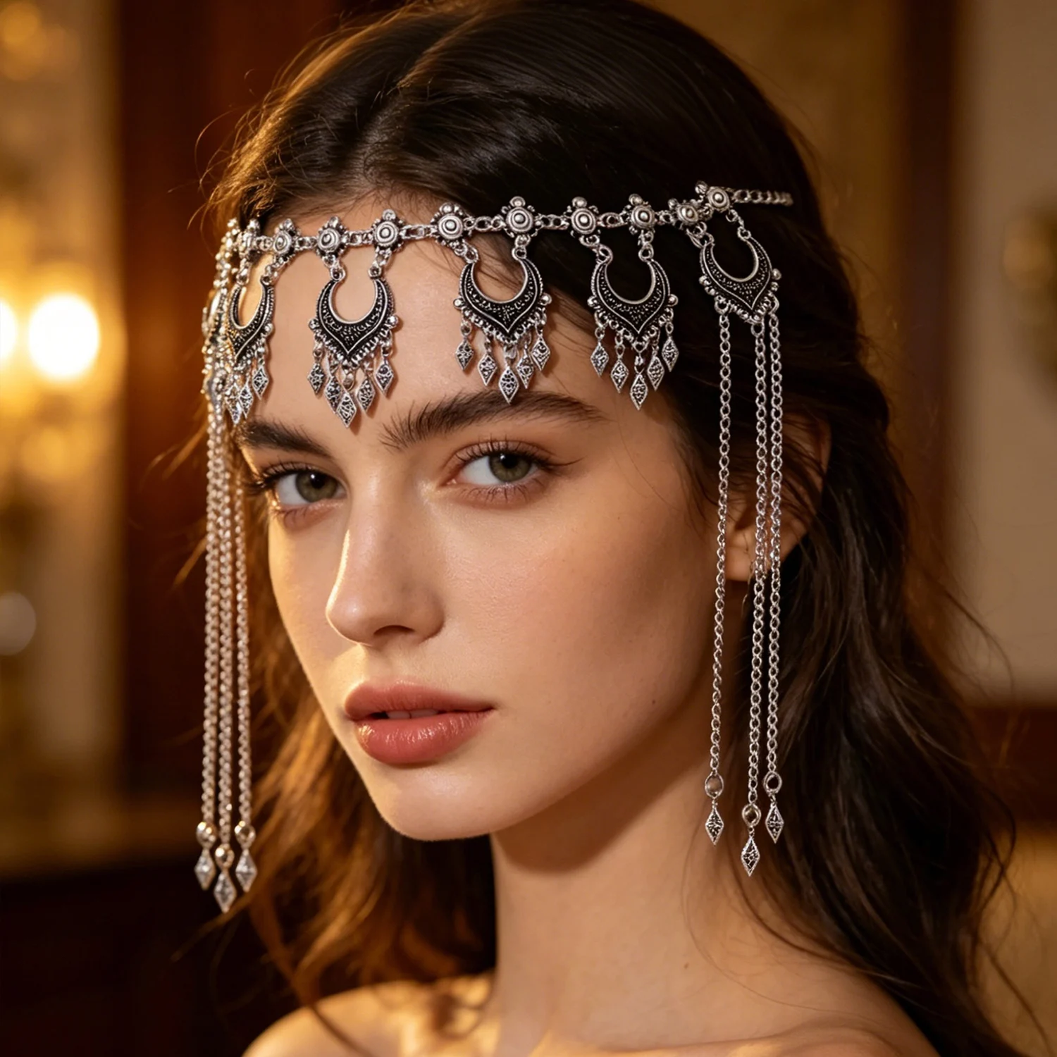 Retro Silvery Alloy Hollow Moon Pendant Forehead Headpiece for Women Boho Ethnic Indian Kurdish Gypsy Hair Accessories Jewelry