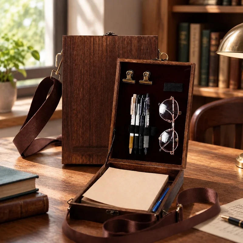 Vintage Wooden Outdoor Carrying Case with Lid, Retro-Style Messenger Bag for Women, Ideal for Sketch Tools and Storage