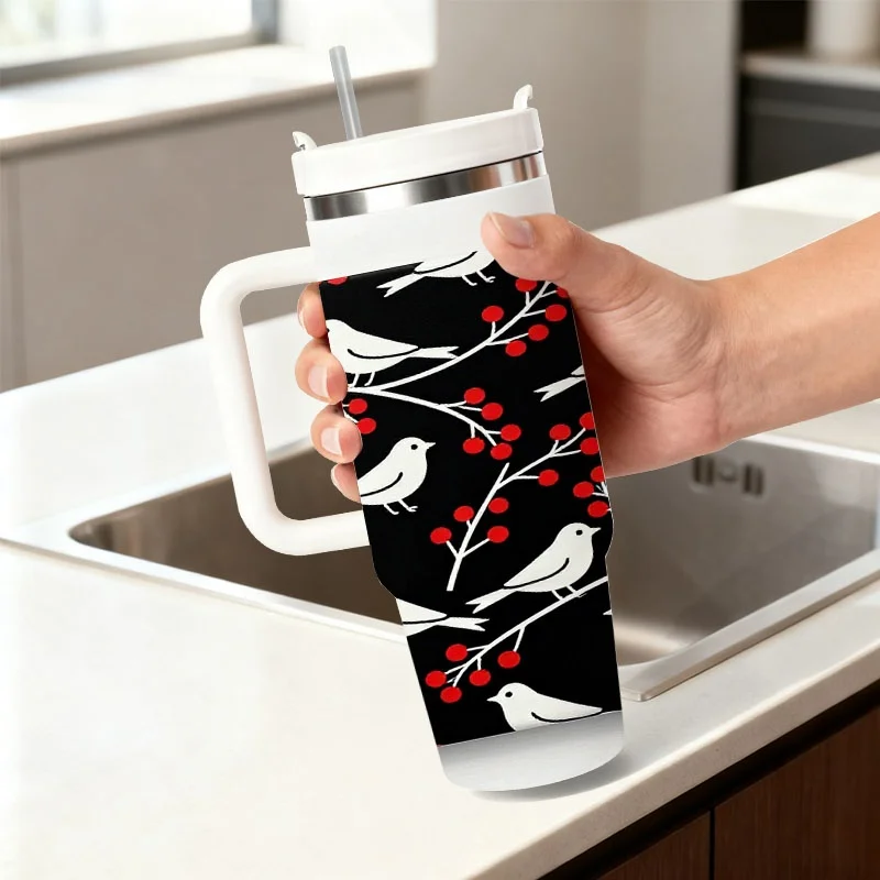 40oz Stainless Steel Insulated Tumbler, Minimalist Digital Print with White Birds, Branches & Red Berries on Black Background, Durable Hot & Cold Drink Cup for Daily Use, Outdoor Trips and Office Drinks