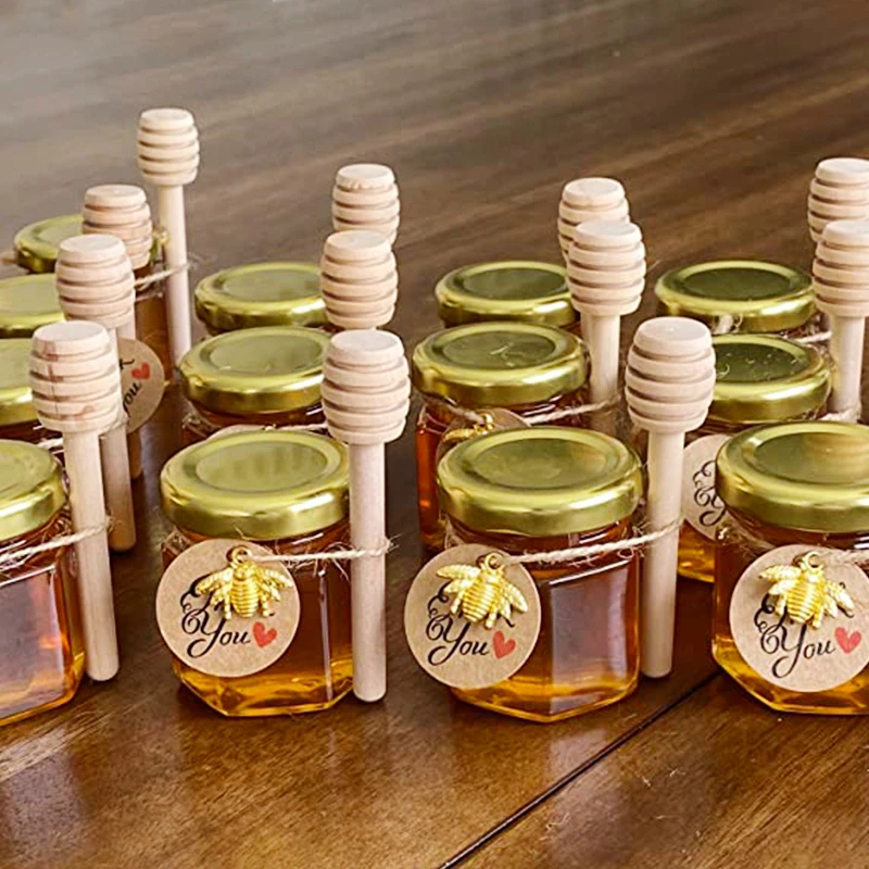 60-Count 1.5 oz Mini Hexagonal Glass Honey Jars Small Honey Jars with Wooden Dippers Bee Charms Honey Jars with Gold Lids for