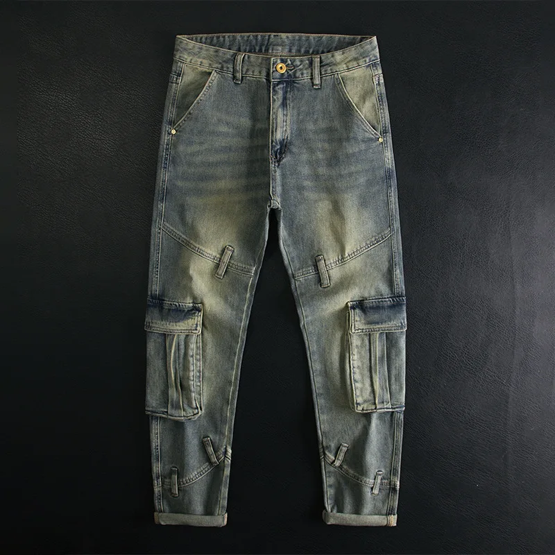 

Multi pocket patchwork jeans for men, slim fit, small feet, elastic retro, high-end motorcycle riding trend, heavyweight pants
