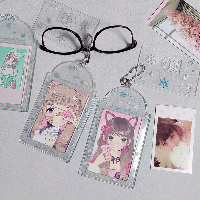 Держатель для фотокарт со снежинкой, блестящий прозрачный идол, 3-дюймовые рукава для фотокарт, ПВХ, студенческий идентификатор, автобус, чехол для карт, брелок, сумка, подвеска