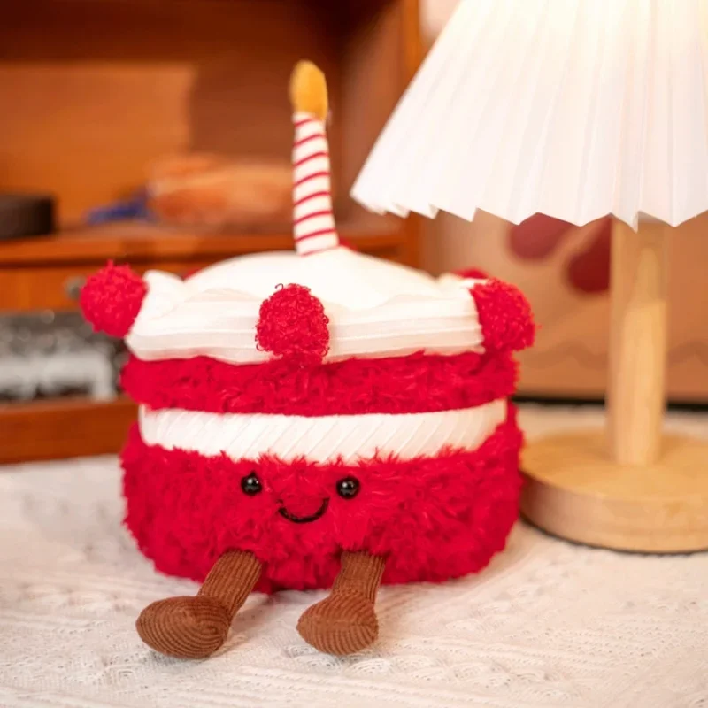 Lifelike Red Cake Plush Toys Cute Stuffed Ice Cream Snack Plush Birthday Cake Candle Party Decor Gift for Kids Baby