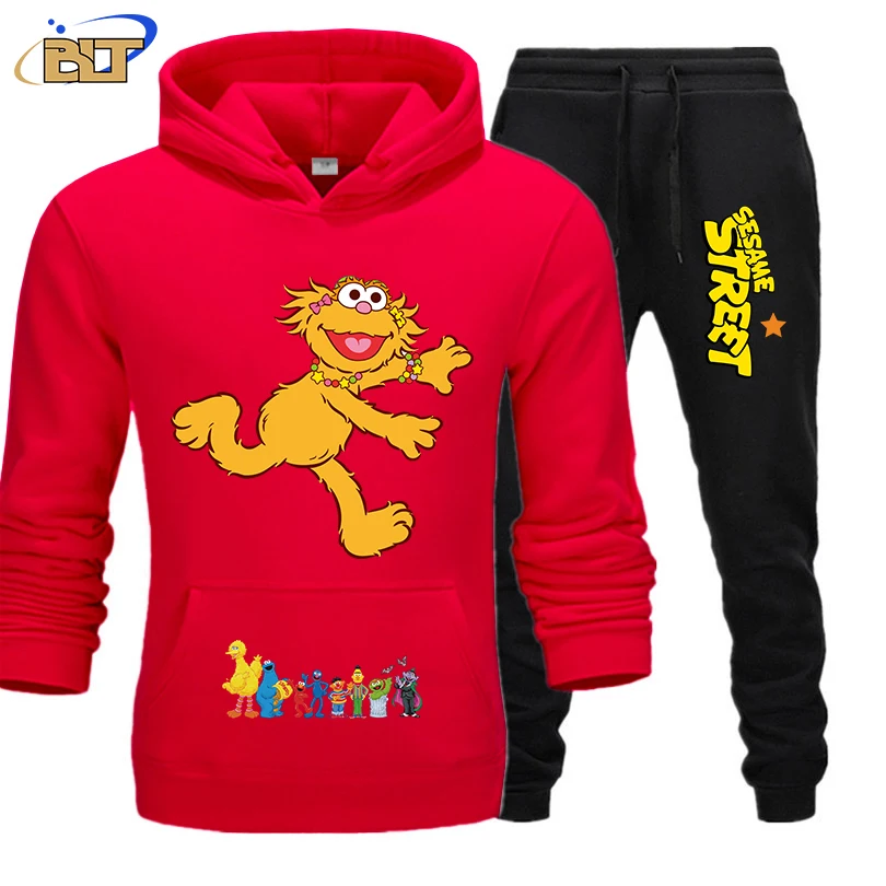 MINISO Sesame Street Printed Men's Hoodie Set Autumn and Winter Sports Large Size Sweater Pants 2-piece Set