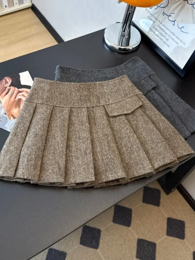 

Женская осенне-зимняя милая короткая юбка А-силуэта с высокой талией, модная и универсальная шерстяная толстая плиссированная юбка