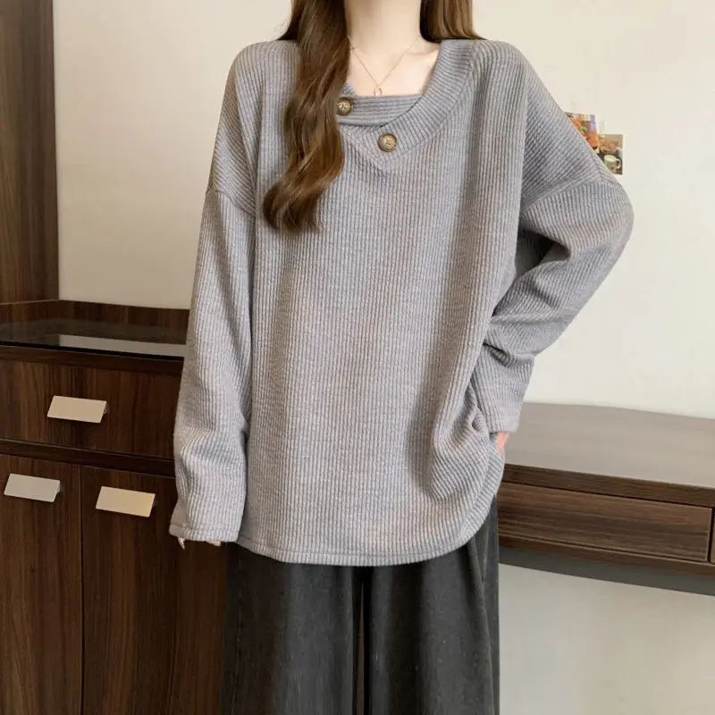 Casual Screw Thread V-Neck T-shirt Spring Autumn Loose Solid Color Female Clothing Stylish Spliced Button Long Sleeve Pullovers