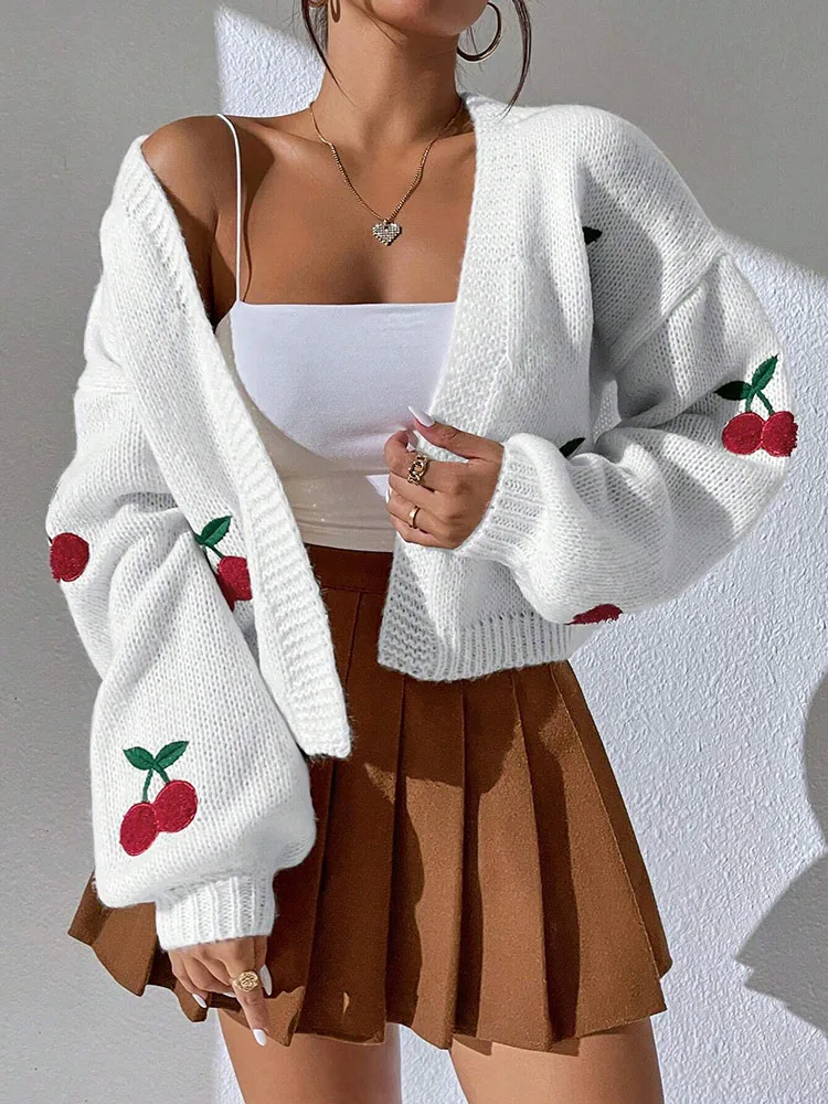 Women's Loose Jacket Knitted Sweater ashionable Low Shoulder Cherry Embroidery Pattern Cardigan Commuter Sweater