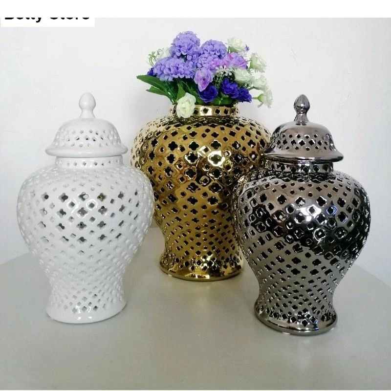 Hollow Ceramic Storage Jar Flower Arrangement Vase Table Top Decoration Electroplating Golden General Crafts Modern