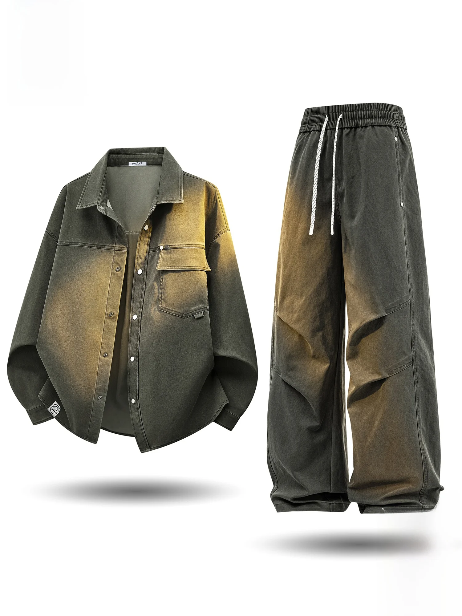 

Мужской комплект Paul Frank: свободные брюки с широкими штанинами и рубашка с длинным рукавом, весенняя новинка, ретро-стиль, повседневный спортивный костюм, рабочая одежда, полиэстер