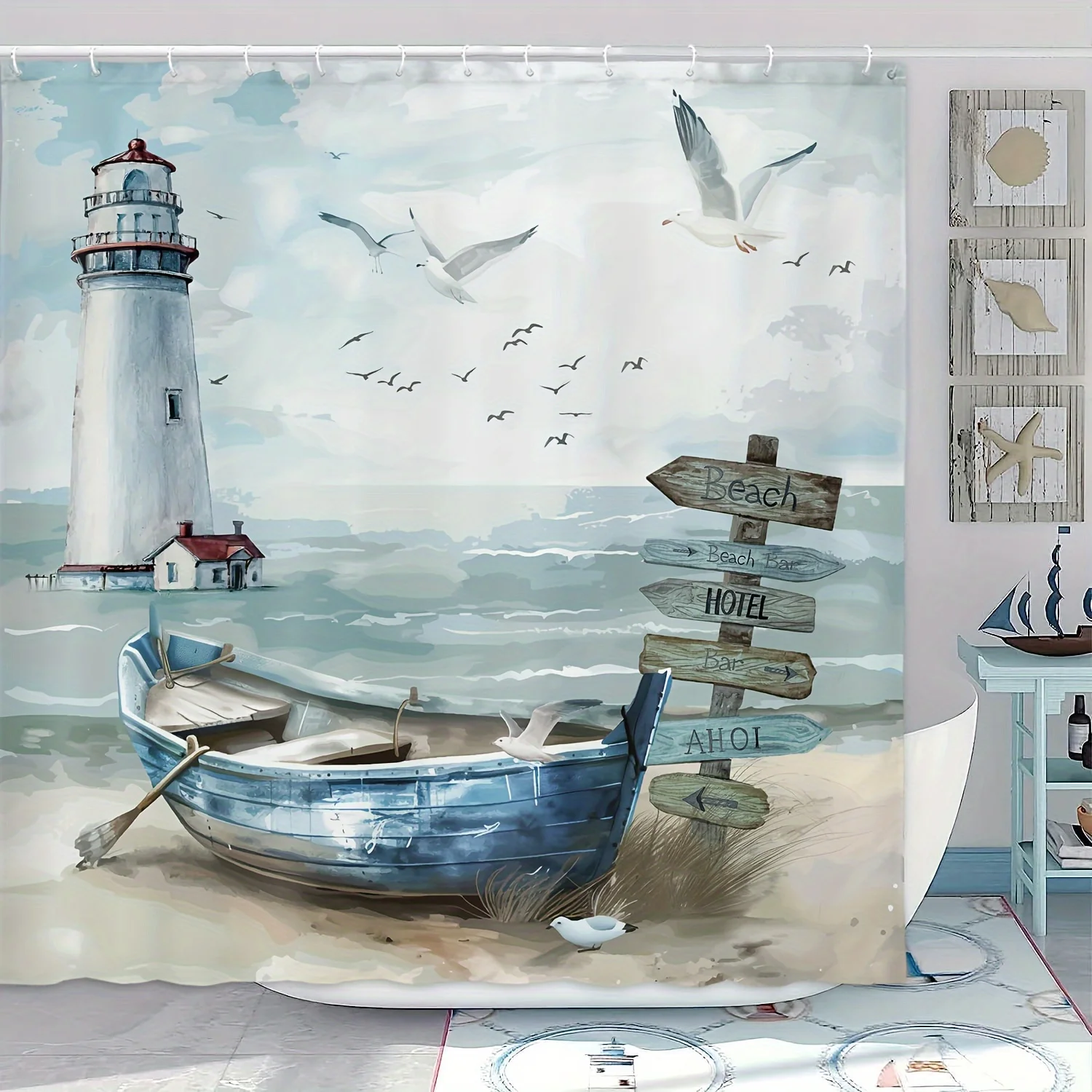 Coastal Charm Shower Curtain Set - Ocean Beach and Lighthouse Pattern, Waterproof Polyester Material, Hooks Included