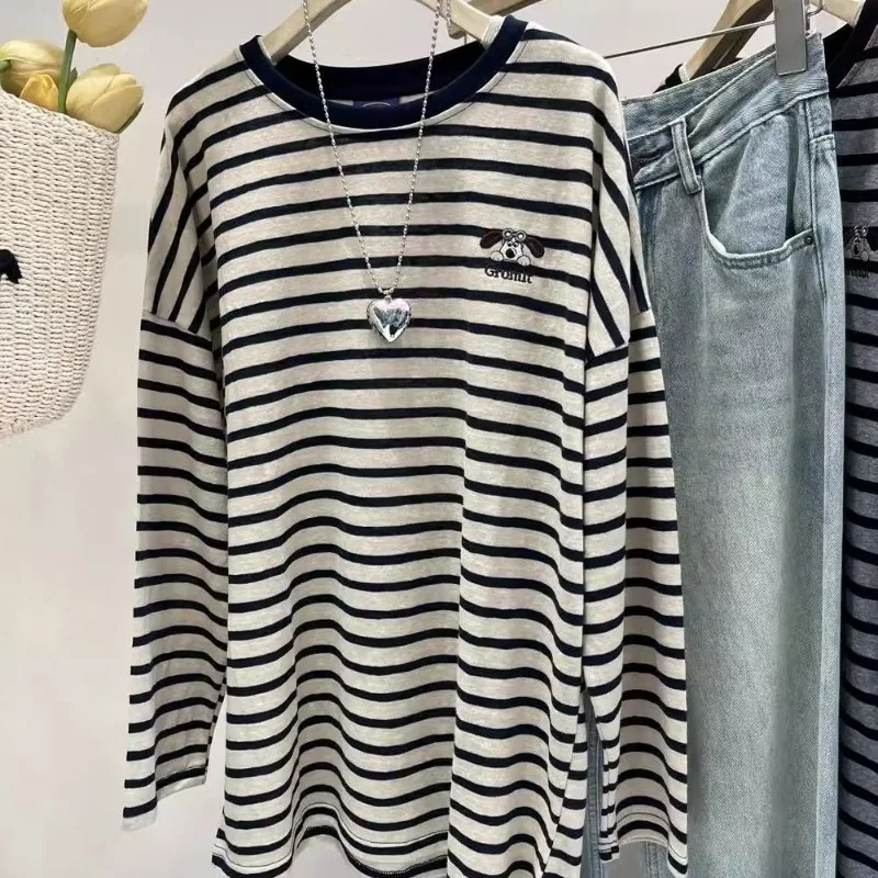 T-shirt basic in cotone oversize con ricamo a cartoni animati a righe vintage da donna T-shirt allentate a maniche lunghe con scollo a O casual Ropa De Mujer