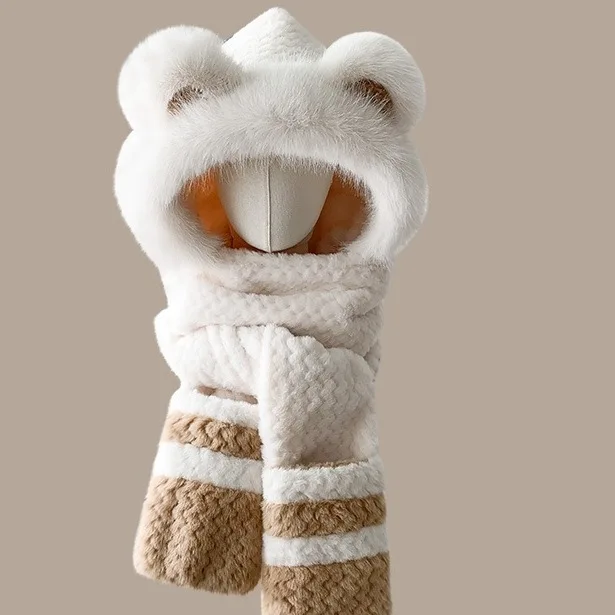 

Симпатичная шапка с ушками медвежонка, шарф и комплект перчаток, универсальная, морозостойкая, утолщенная плюшевая защита ушей для зимы