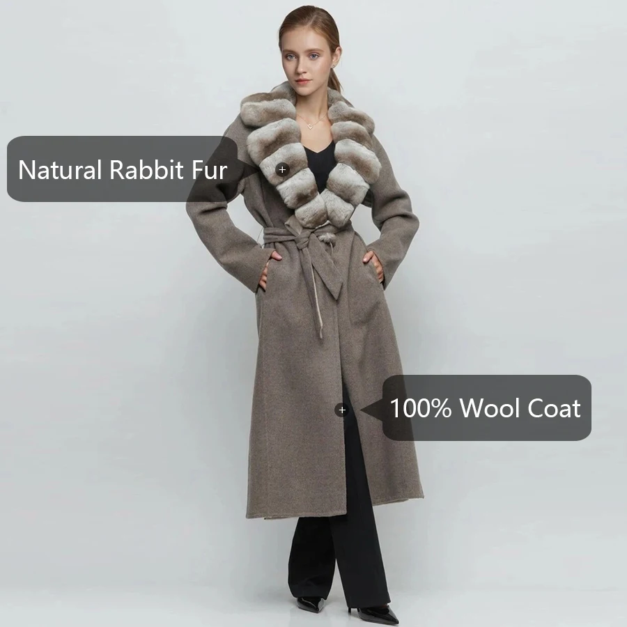 Womens Jackets Cashmere Coat Women Luxury Real Wool Coat With Natural Rex Rabbit Fur Cuffs  Clothes