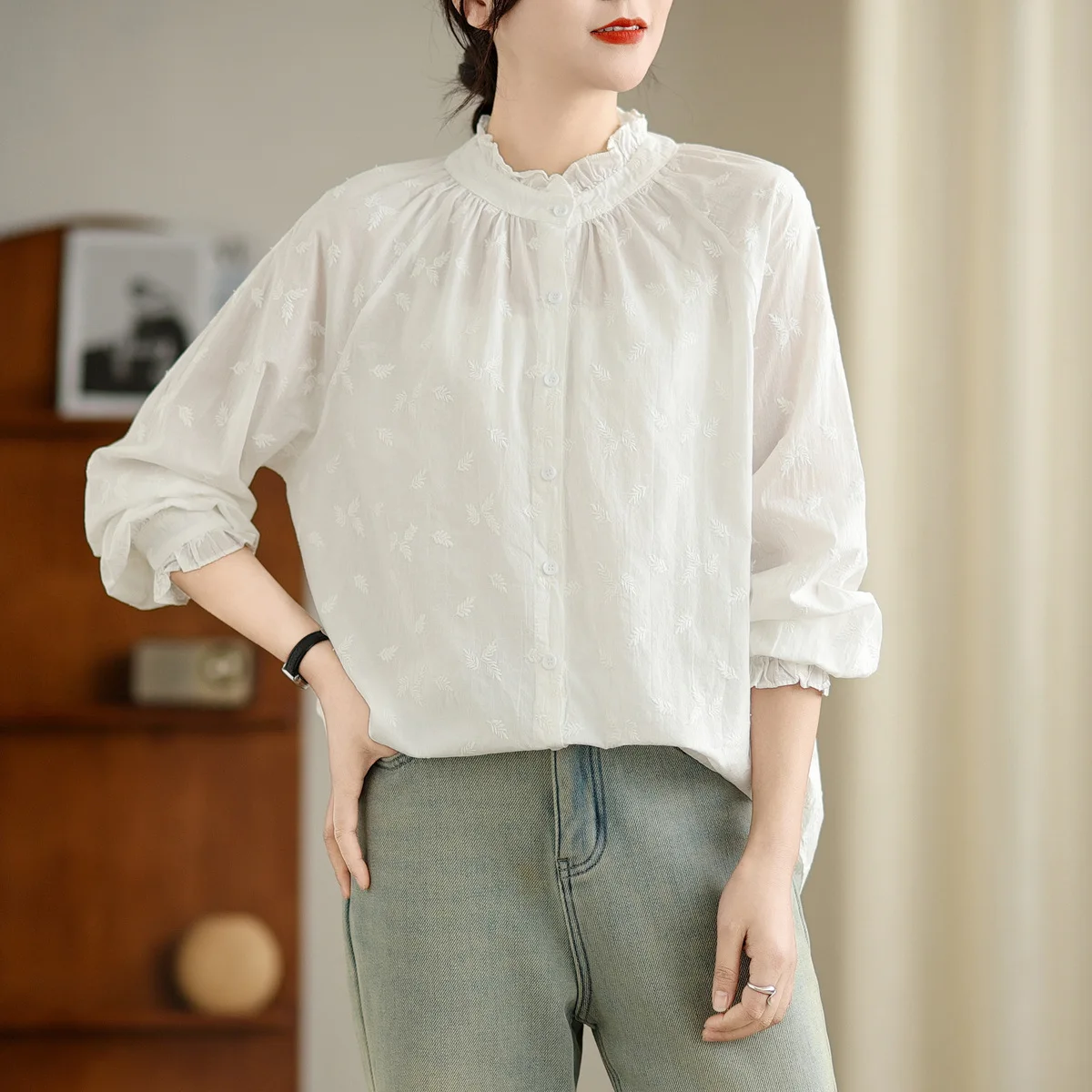 ใหม่2025ฤดูใบไม้ผลิผ้าฝ้ายเสื้อแขนยาวผู้หญิงRuffledเย็บปักถักร้อย, MoriสาวOL Retro Temperamentเดินทางเสื้อหลวมT53740CC