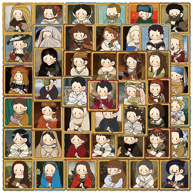 50Pcs Q Version Famous Painting Stickers Vintage Art Decor for Skateboard Guitar Envelope Notebook Laptop DIY Kids Gift