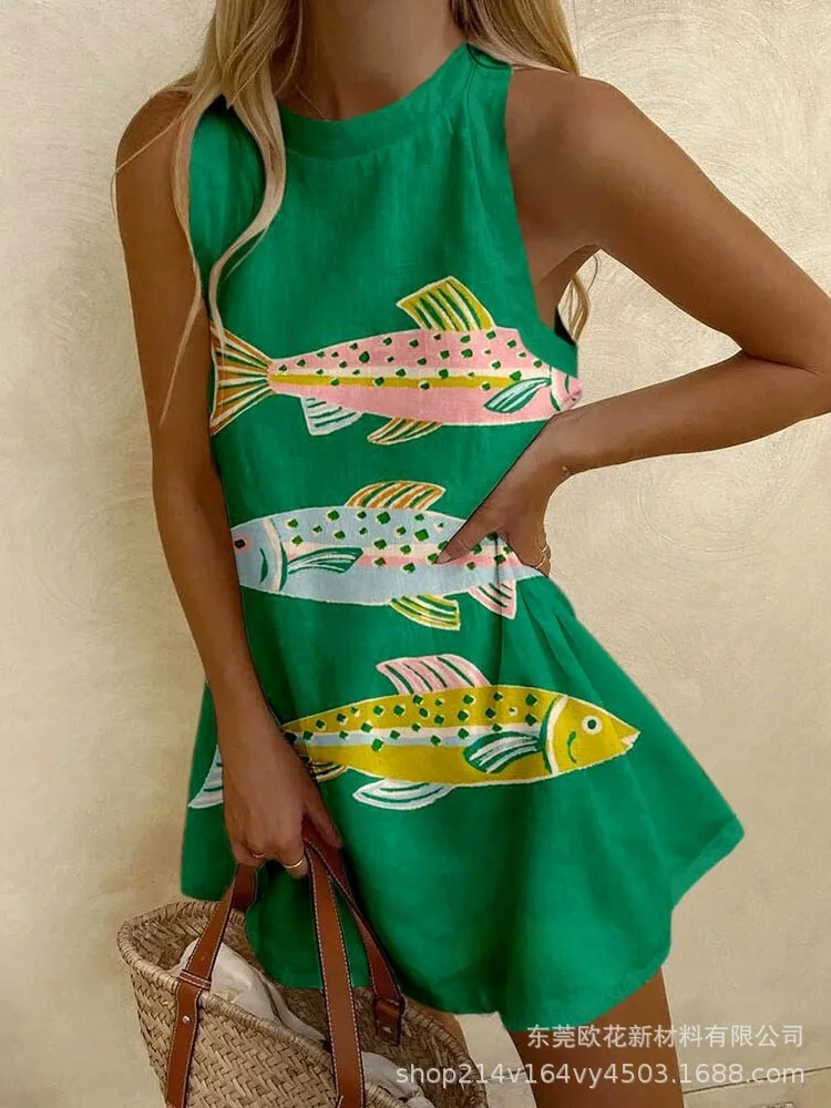 Letnia sukienka z nadrukiem dla kobiet bez rękawów wisząca szyja moda Lobster Beach Holiday Sundress Party sukienki damskie