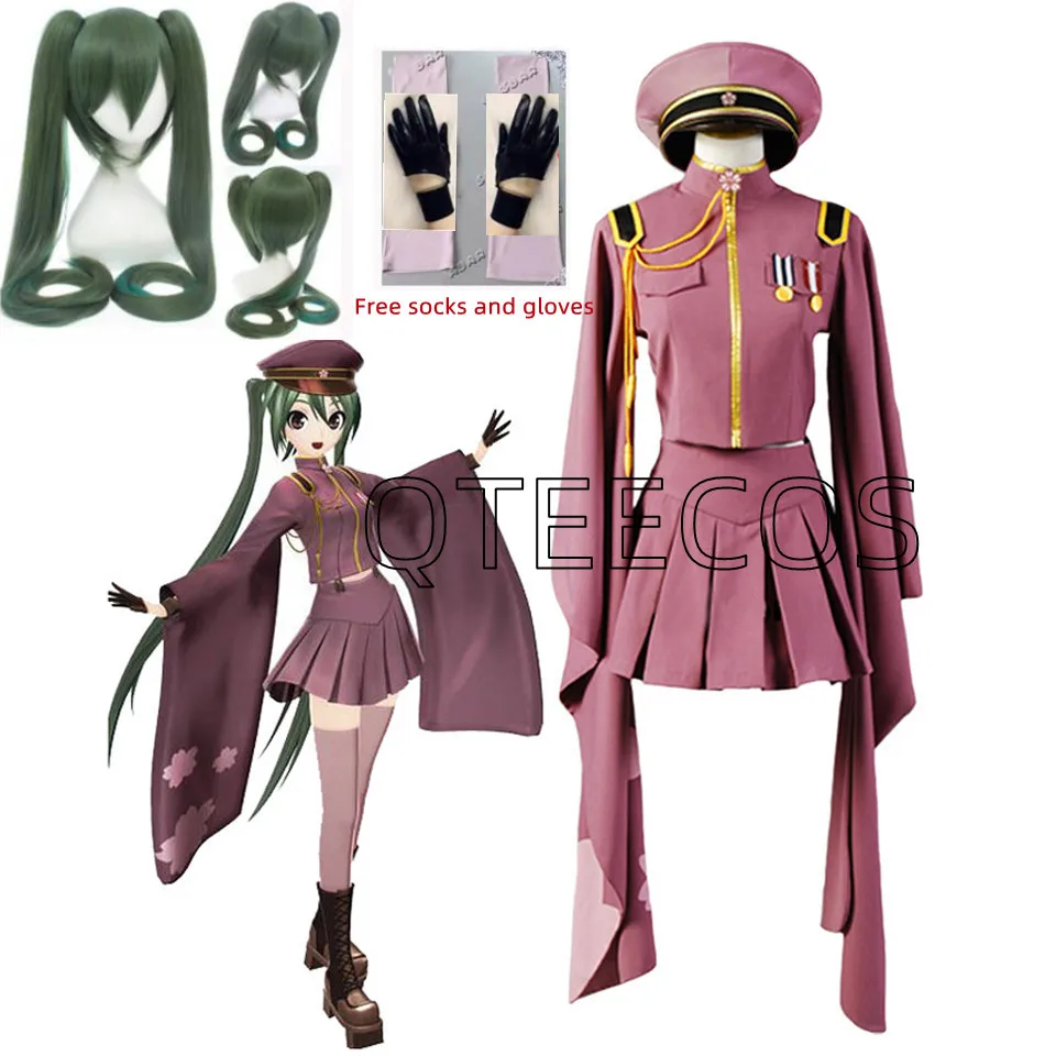 Kostum Cosplay Anime Miku seragam Kimono pakaian Halloween untuk wanita S-2xl termasuk Sarung tangan kaus kaki