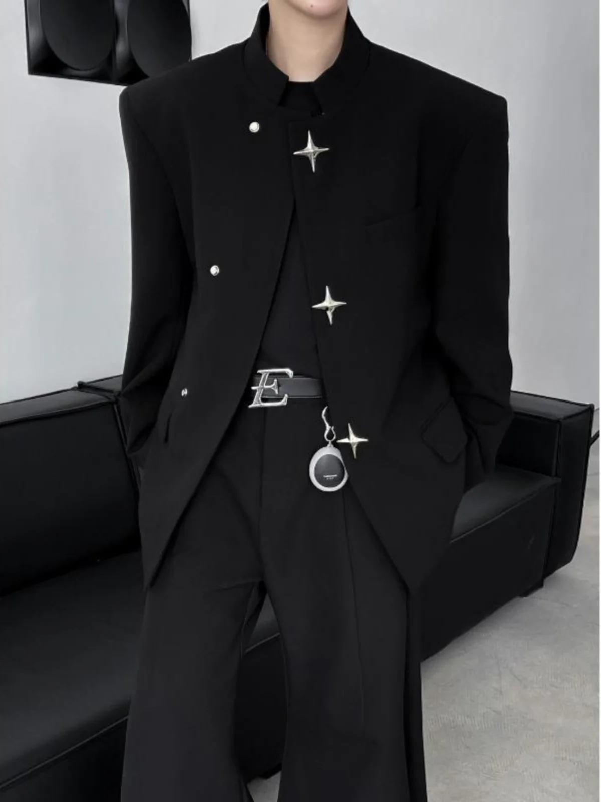 

Новый китайский мужской костюм Jaet с подплечниками, металлический дизайн синего цвета, весенняя мода, повседневный хапон, прямой крой, молодежный