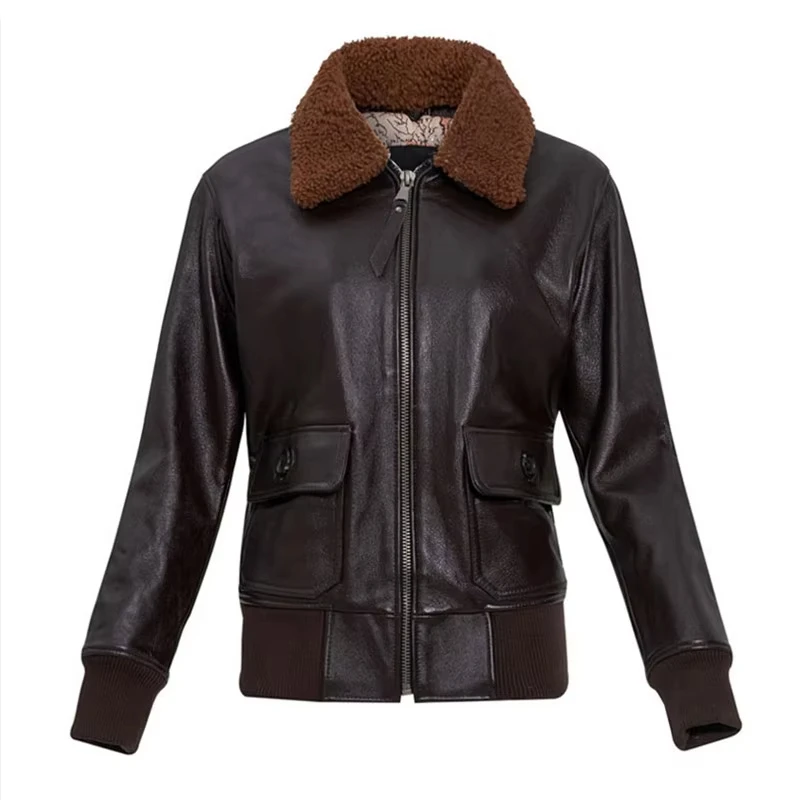 

Dark Brown Autumn Pilot Leather Jacket Women Military Style Plus Size 3XL Wool Collar Genuine Cowhide G1 Flight Leather Coat